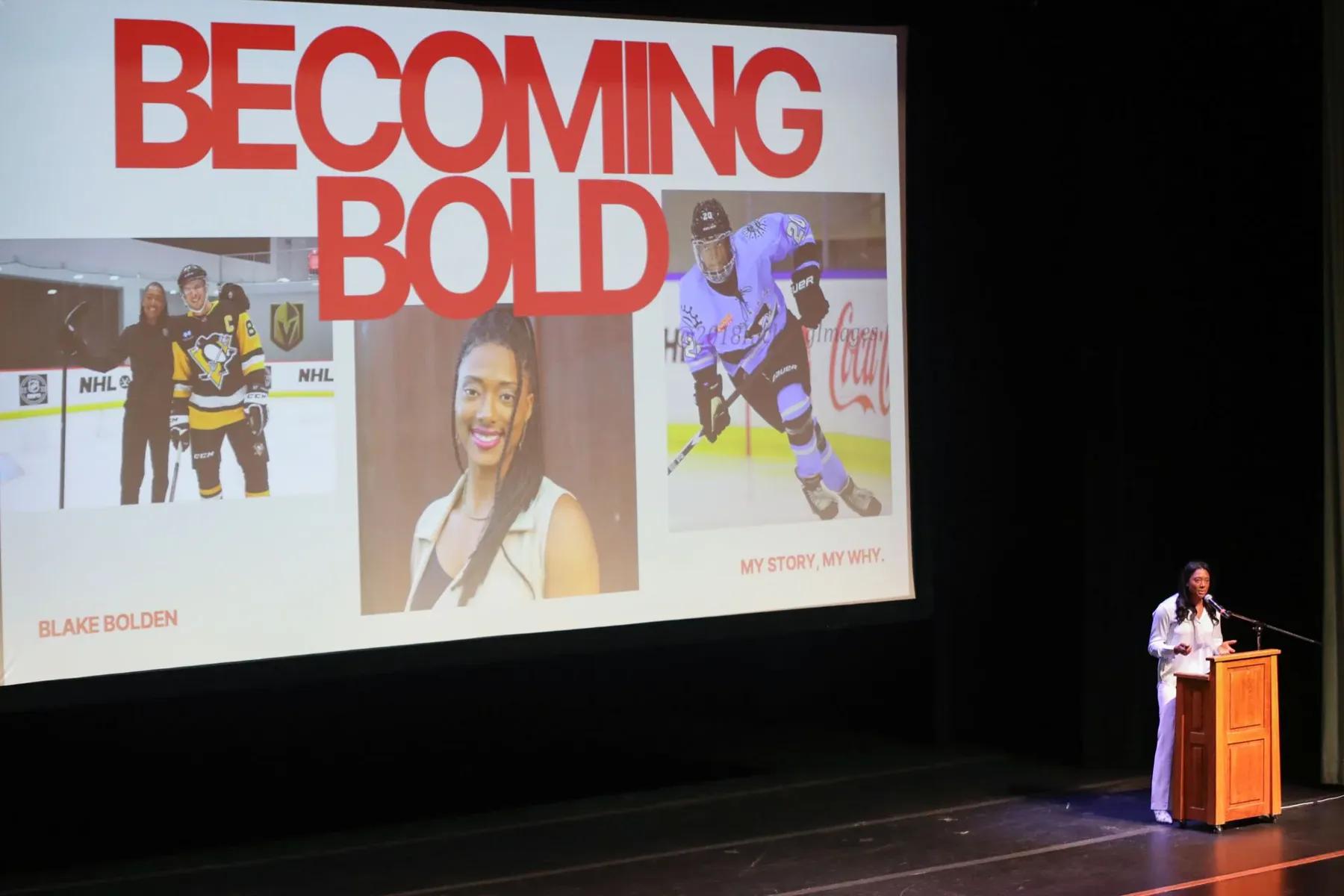 Blake Bolden at a podium under a screen that reads Becoming Bold, April 2026